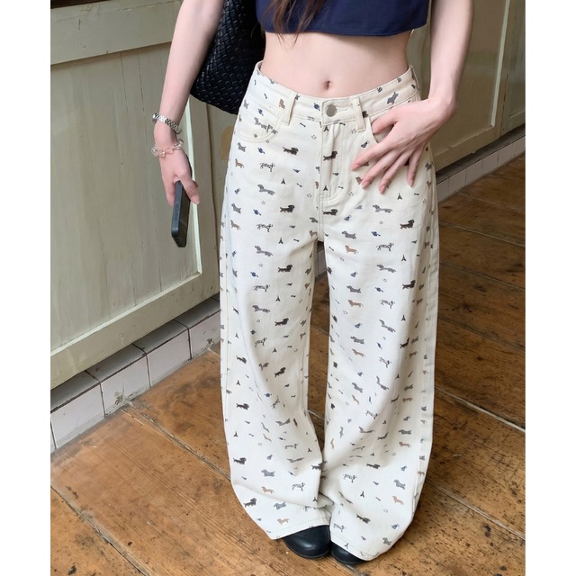 merry dog print wide denim pants【2color】  e1972