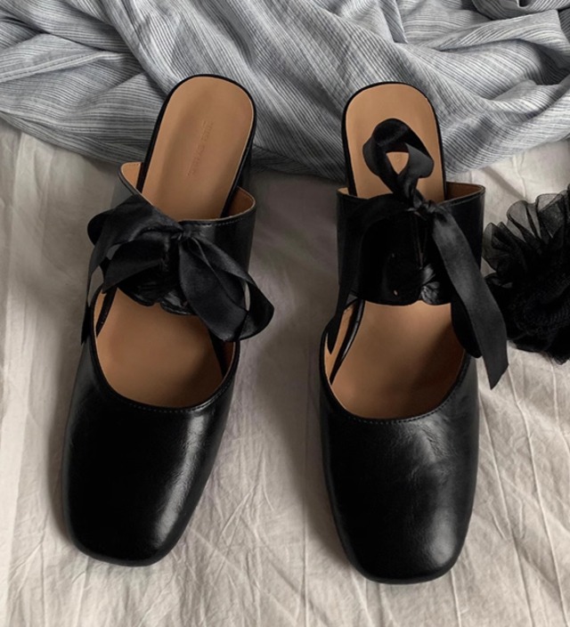 ribbon thick heel mule shoes 2colors【2024042501】