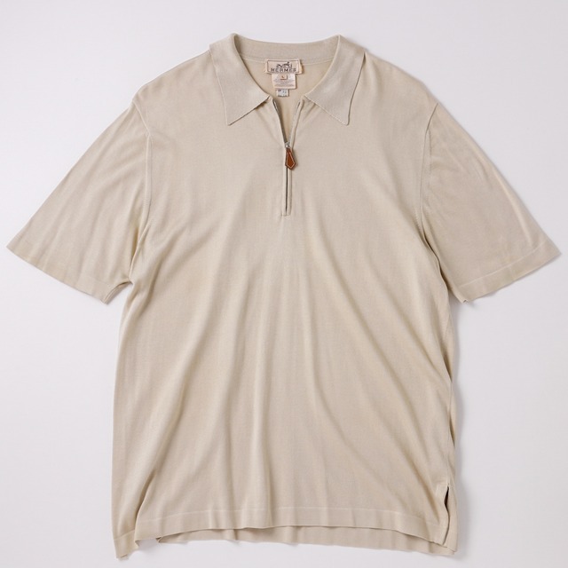 【極美品】Hermes silk Knit polo half zip made in Italy size L beige extra condition / エルメス  シルク ニット ポロ 半袖 ハーフジップ サイズL ベージュ 定価約20万 エクストラコンディション