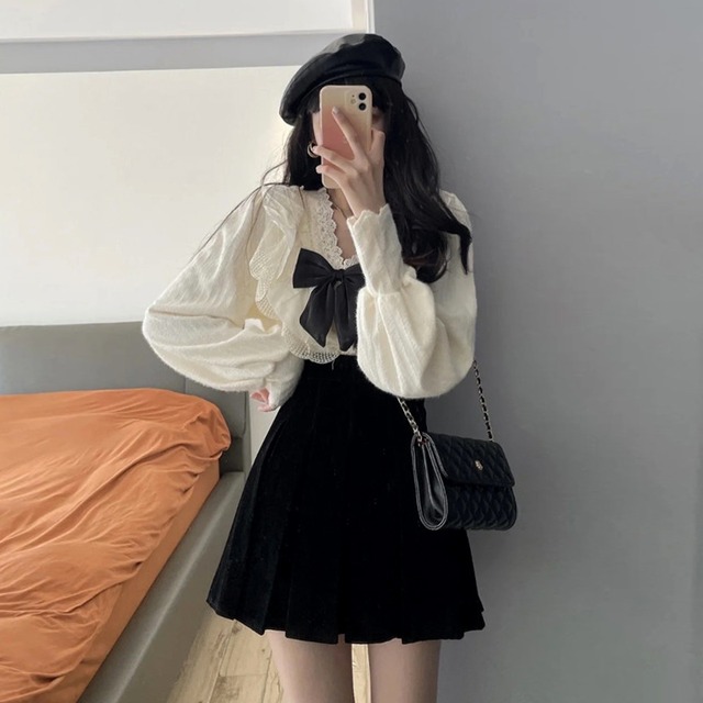 リボンブラウス レース リボン ブラウス 無地 ガーリー フリル お嬢様系 長袖 大人可愛い 大人 デート お出かけ 旅行 韓国 韓国ファッション オルチャン 可愛い おしゃれ レディース Fa1186 Musubi Me 韓国 オルチャン レディースファッションのお店