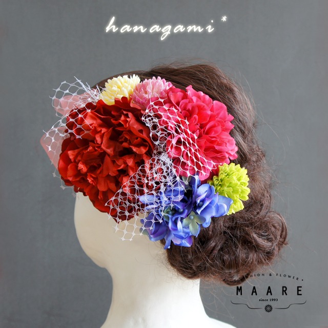 ＊- bo ta n - ＊ 大きな赤い牡丹とチュールの髪飾り