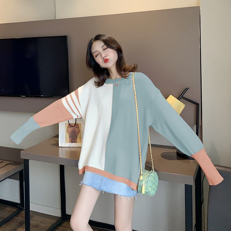 【新作】【送料無料】 マタニティウェア2019秋冬バージョンの新しいファッションカラーマッチングルーズアウターウェアベースプラスサイズのニットマタニティセーター-アリババ 大きめサイズ オータム 秋物 ウィンター 冬物 expec214698935605