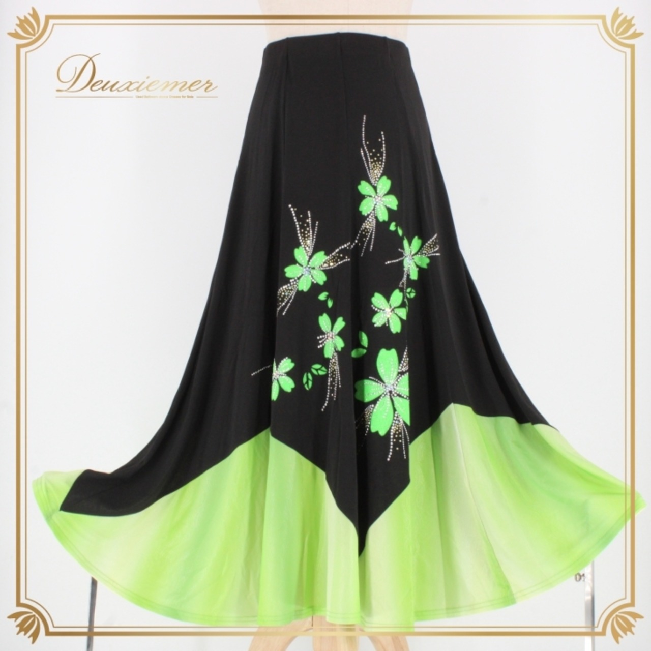 社交ダンス 衣装 スタンダード スカート レッスンウェア レディース 黒 黄緑 グリーン系 ラインストーン 花柄 ブラック系 練習着 フェミニン ブラック系 スカート レディース用 フレアスカート 練習用ダンス衣装 ラインストーン装飾 伸縮性あり スタイリッシュ カジュアル 舞台衣装 ダンス練習着 フェミニンスタイル おしゃれ クラシックダンス ダンス用ウェア 花 motif フラワーデザイン