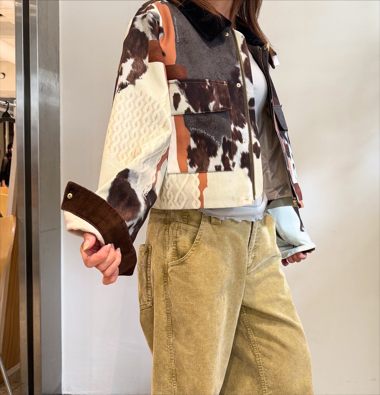 エイミーロウ　カウ柄デニムコラージュptボアカラージャケット　Eimee law Eimee Law（エイミーロウ） コート アウター カウ柄デニムコラージュpt