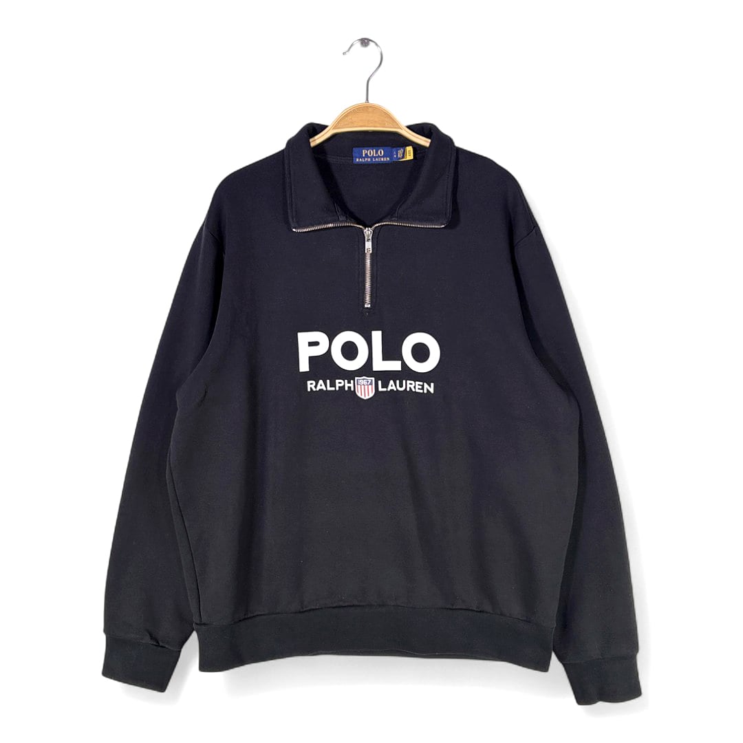 ラルフローレン ハーフジップ コットンセーター センターロゴ ブラック POLO RALPH LAUREN サイズL 古着 CH1095