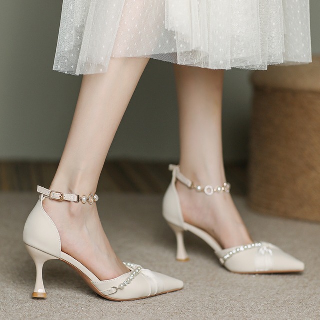 ローヒール パール パンプス ホワイト 250326