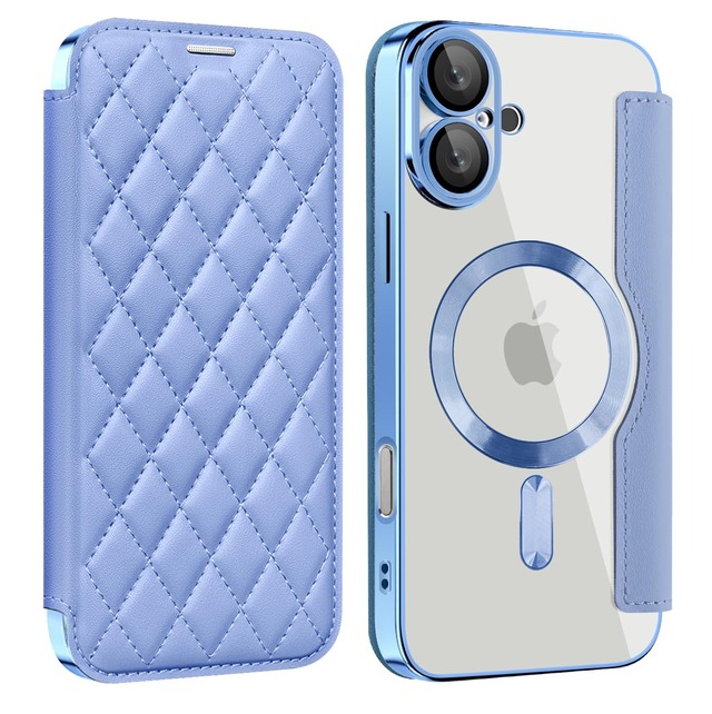 MuZiF iPhone 17 用 ケース 手帳型 Magsafe対応 クリア 背面 透明 キルティング 高級なPUレザー スマホケース カード収納 おしゃれ 韓国 人気財布型 カバー 軽量 アイフォン17 用 手帳カバー (iPhone17用,ブルー)