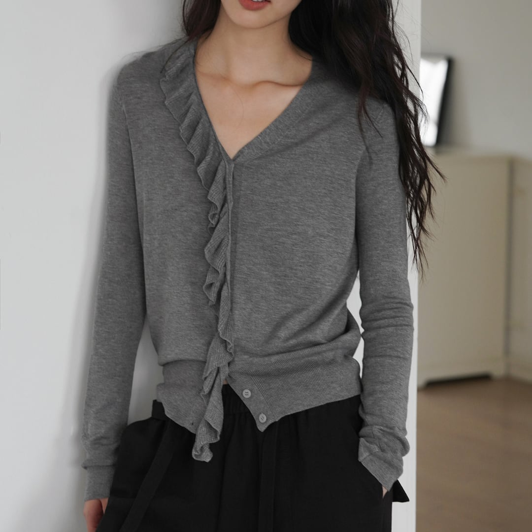 フリルデザイン Vネック ニット カーディガン 00567
