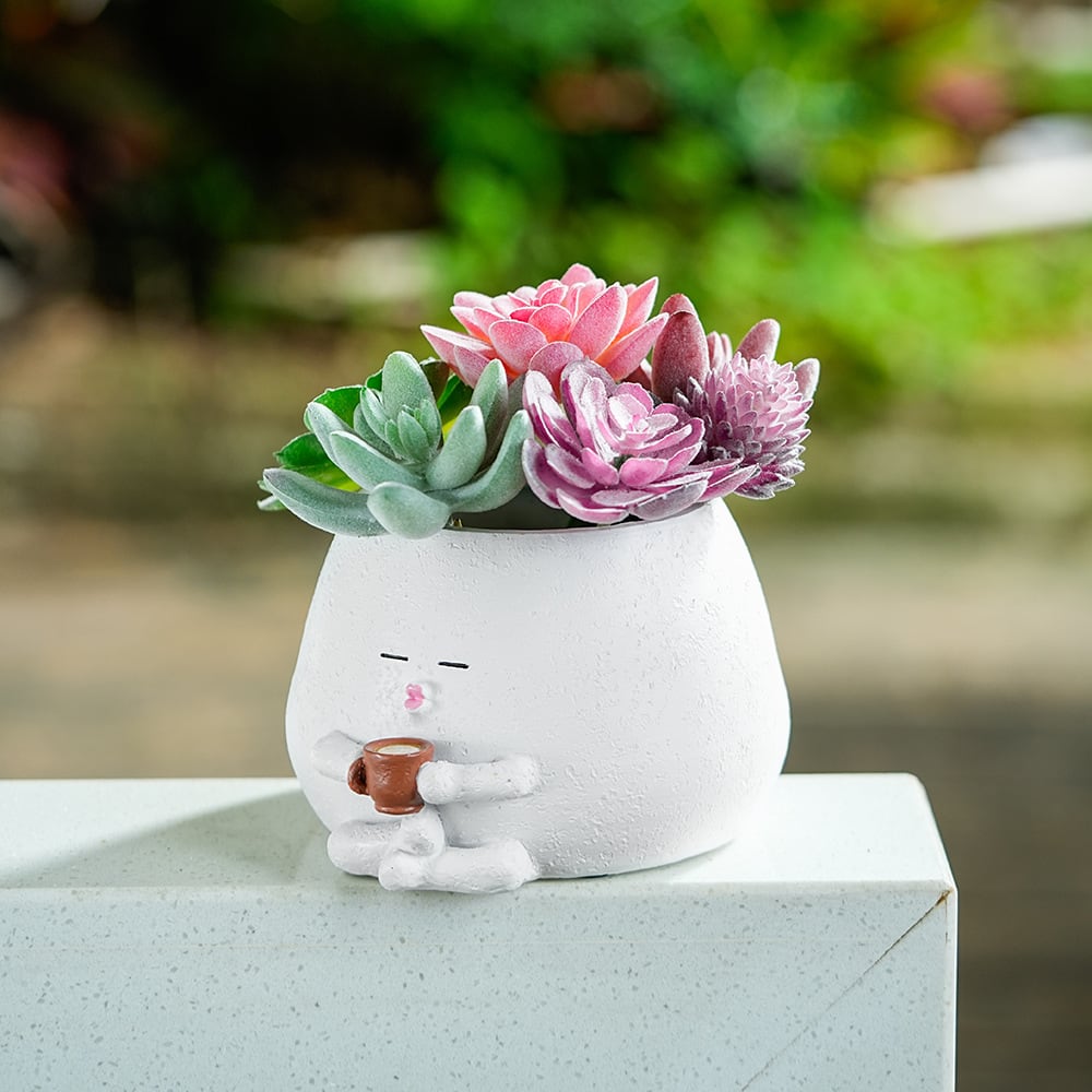 プランター かわいい顔 樹脂 鉢植え 植木鉢 カーキ ホワイト 白