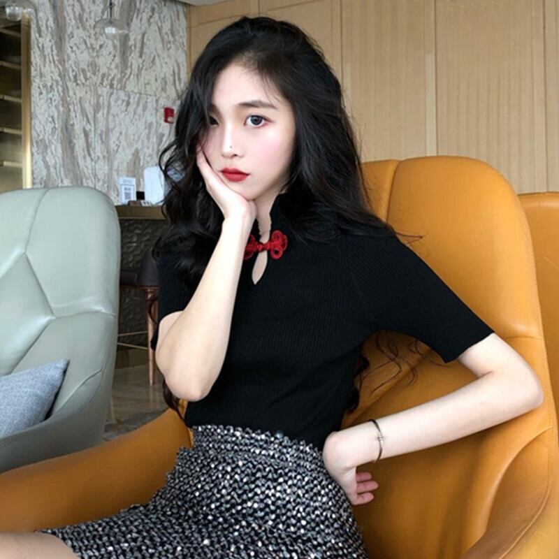 2020年春夏新作レディースレトロスリムオールマッチチャイナカラーニットインナーバックルボトミングシャツ半袖セーター YY-ファッション64800388957