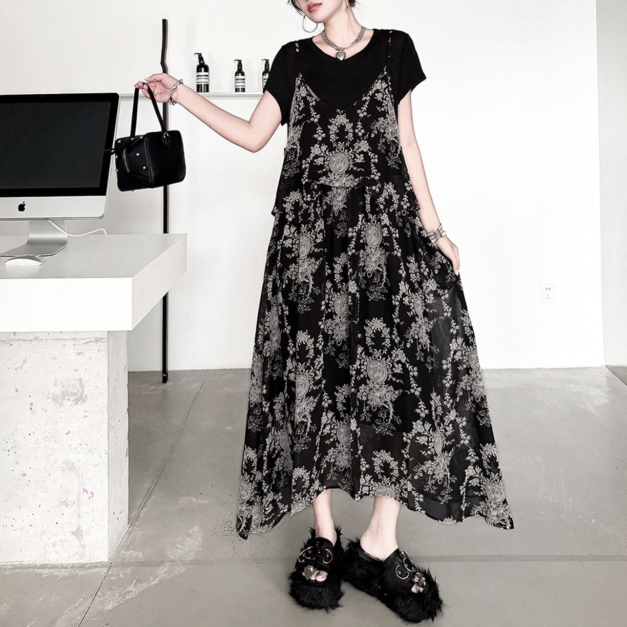 FLORAL PRINT LAYERED STRAP A-LINE MIDI DRESS M-17946