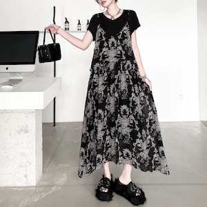 FLORAL PRINT LAYERED STRAP A-LINE MIDI DRESS M-17946