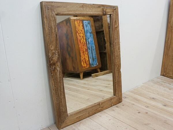 古材 古木 オールドチーク材のミラー 80cm × 60cm 壁掛け鏡 チーク無垢材フレーム オールドチークフレームミラー