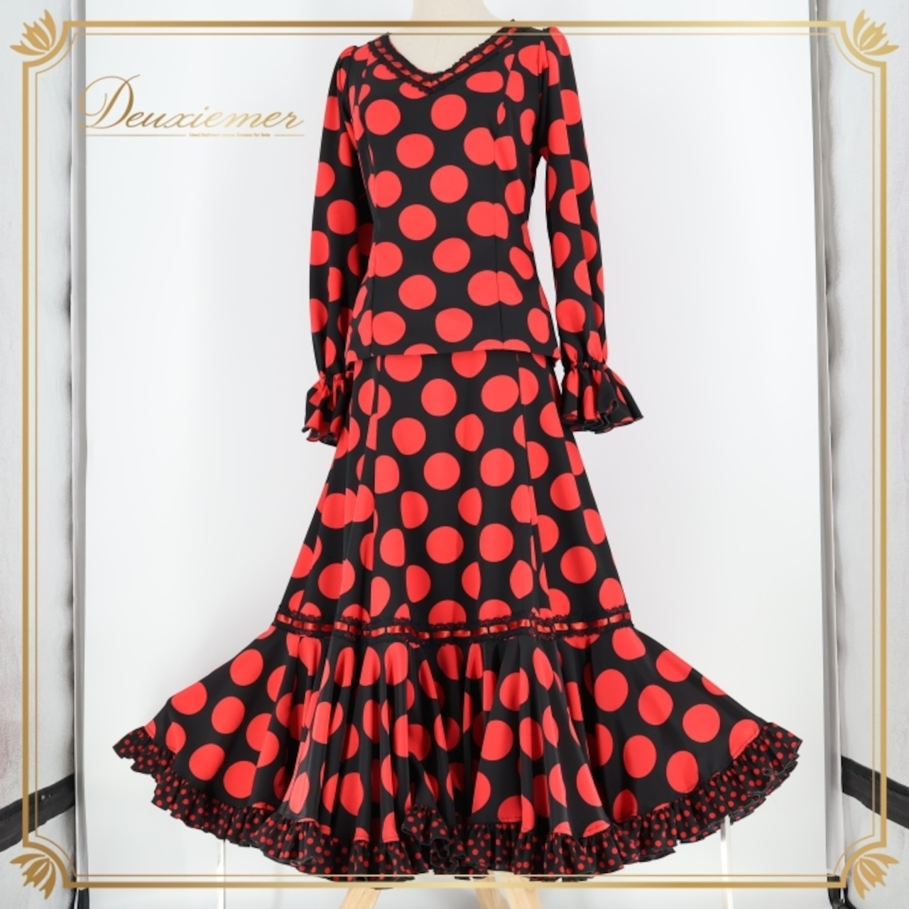 フラメンコ 衣装 マンサニージャ LOPEZ DE SANTOS ロペスデサントス Manzanilla ツーピース セットアップ トップス ブラウス ファルダ スカート 赤 黒 ドット 水玉 ボランテ フリル 長袖 ブラック系 レッド系 フラメンコ衣装 パーティー ドレス おしゃれ キュート セットアップファッション ステージ衣装 かわいいデザイン