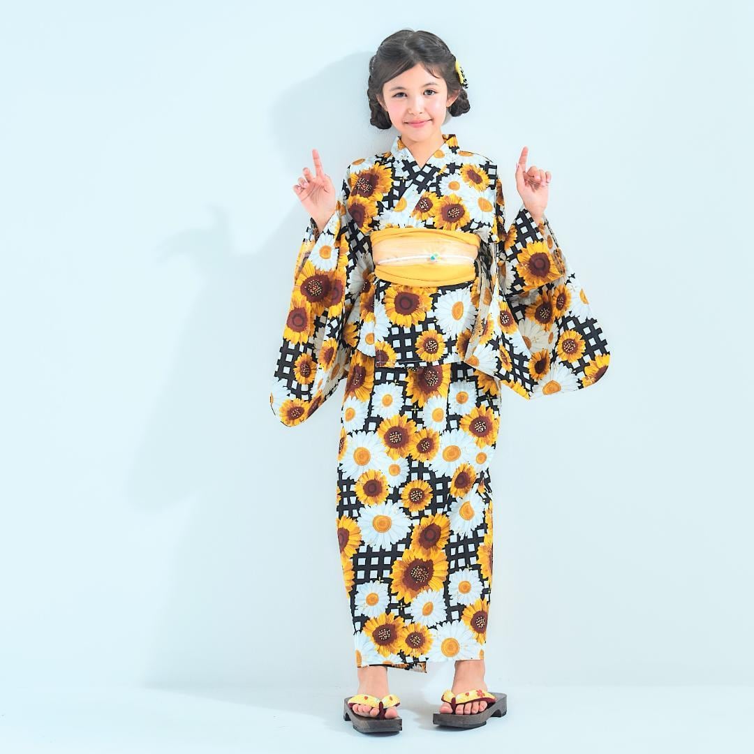 キッズ 子供 2way 浴衣 ワンピース 帯付き 黄色 黒 ひまわり 100 キッズ 子供 2way 浴衣 ワンピース 帯付き 黄色 黒 ひまわり 100