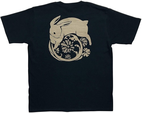 [江戸てん]Tシャツ 6.8オンス 和柄 味のあるスラブ生地に抜染しました メンズ うさぎと雛菊　黒