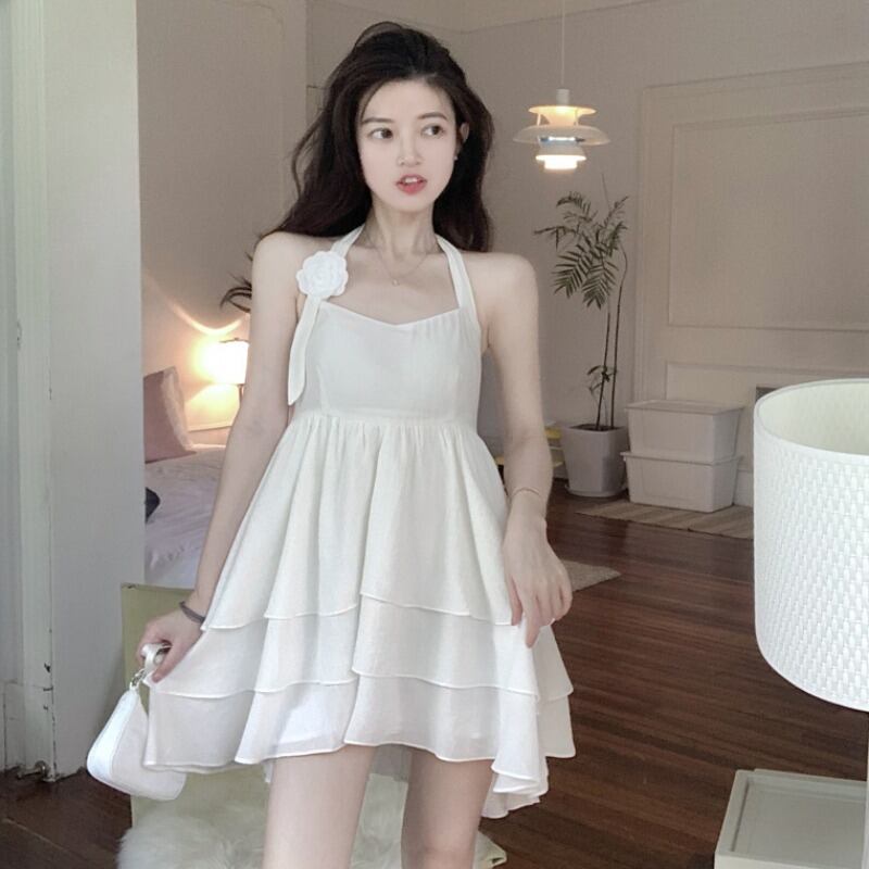 ウェストAラインショートスカート シフォンホルタードレス 大人ガーリー スウィート キュート カジュアル ハンチェンe41416353290