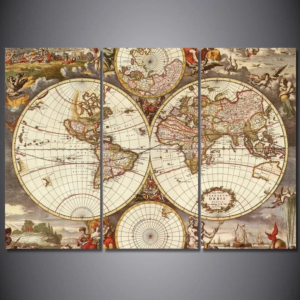 木枠付き 3枚組 壁掛け キャンバス アートパネル 世界地図 World Map