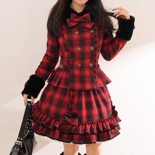 【2点セット】チェック柄ペプラムジャケット＋フリルレーススカート ・75379