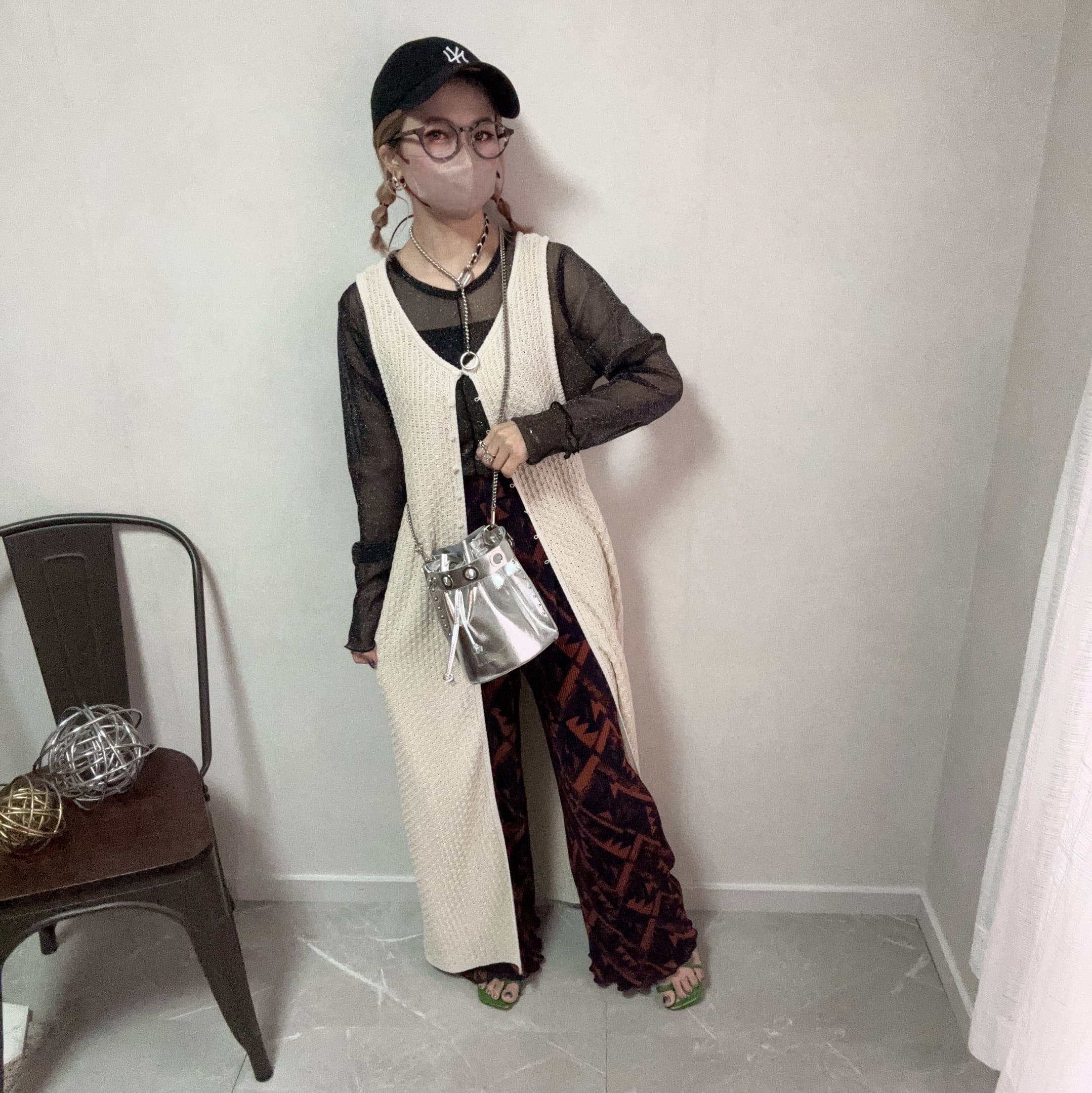 mix color knitting 2way gilet OP【Ivory】