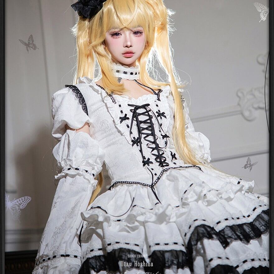 クラロリ セットアップ 編み上げコルセット風 白×黒 ライブ向け｜WithU