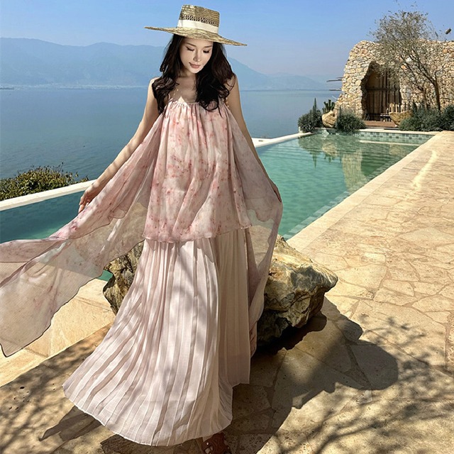 【SummerVacationシリーズ】ワンピース 花柄 美人度アップ 休暇 ピンク S M L