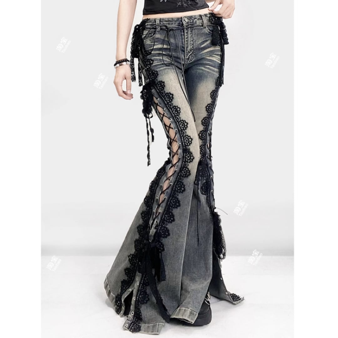 Side lace up flare denim jeans E7003