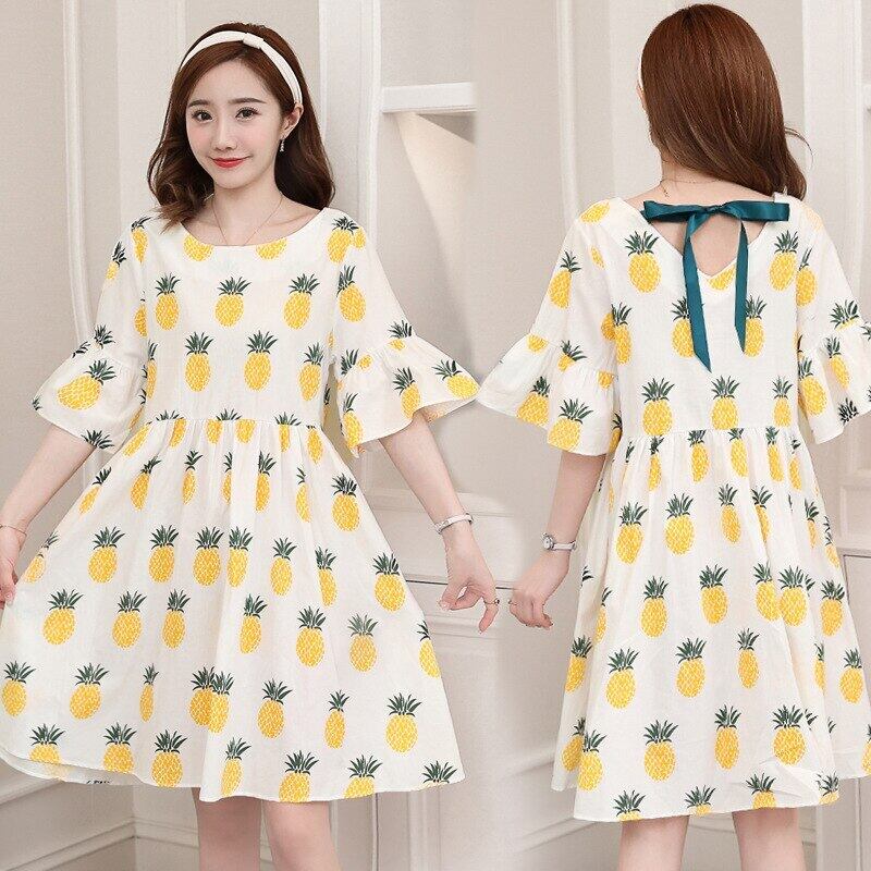 【新作】【送料無料】 マタニティドレス2019夏の新しいファッションパイナップルプリント弓ルーズ妊婦ドレス妊娠服vestidos リボン サマー 夏物 AL expec391993081811