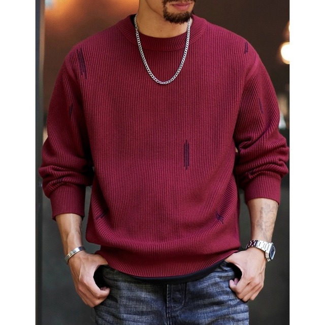 ダメージ加工 ルーズクルーネックニット 2カラー 11195