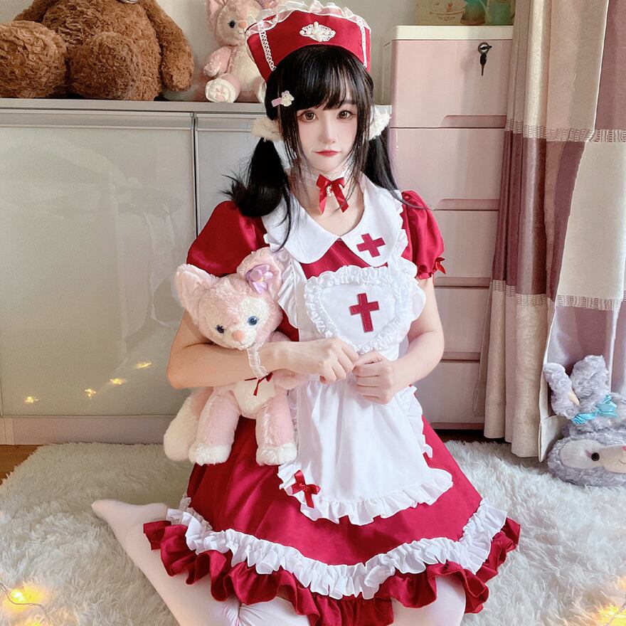 サブカル 服 地雷系 通販 メイド服 レッド 黒 アクア セットアップ エプロン リボン チョーカー 帽子付き メイドカフェ衣装 コスプレ衣装