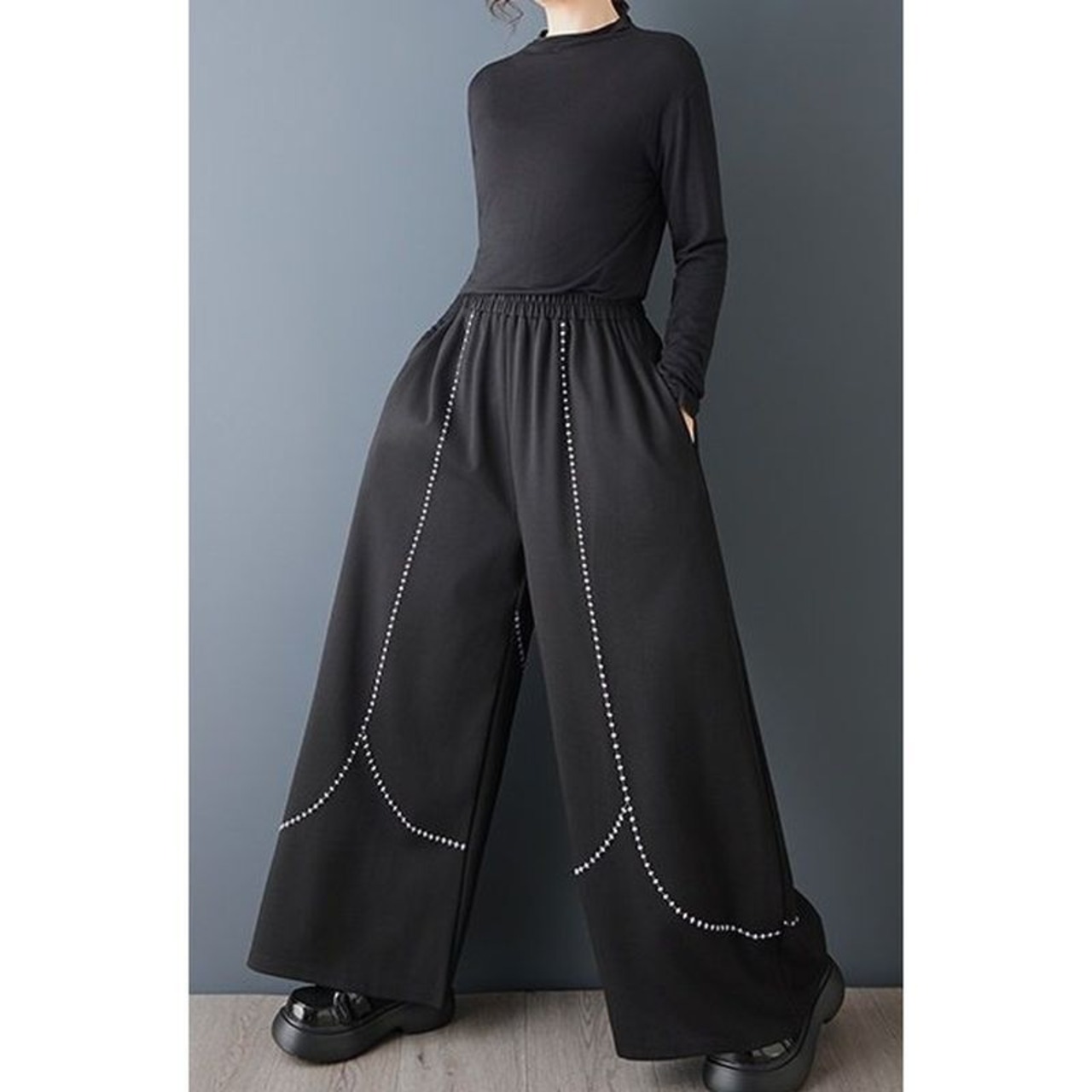 曲線 ステッチ ワイド パンツ  00366