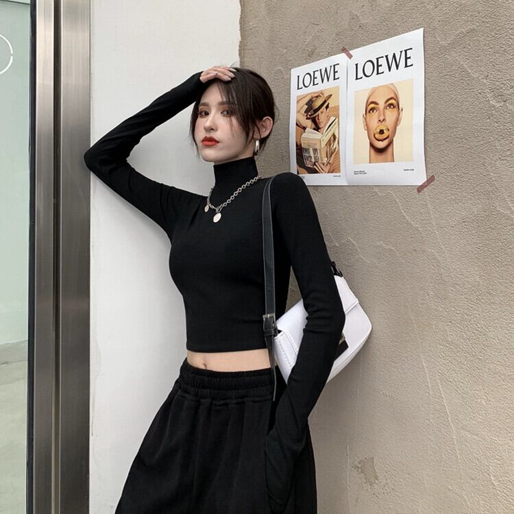 送料無料】 ホットハーフタートルネック黒 Tシャツ肥厚ベルベット長袖