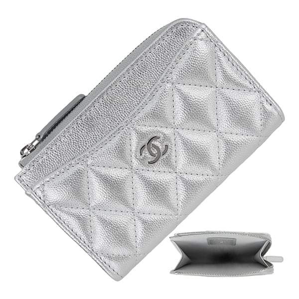 New CHANEL シャネル クラシック ジップ カードケース マトラッセ キャビアスキン シルバー コインケース ミニ財布 AP3179 新品