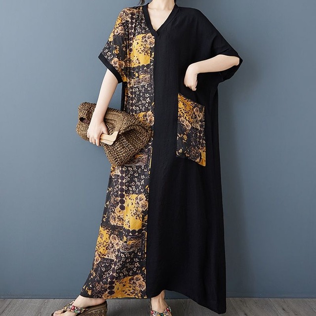 ASYMMETRIC DESIGN V-NECK HALF SLEEVES PULLOVER MAXI DRESS 1color M-13562