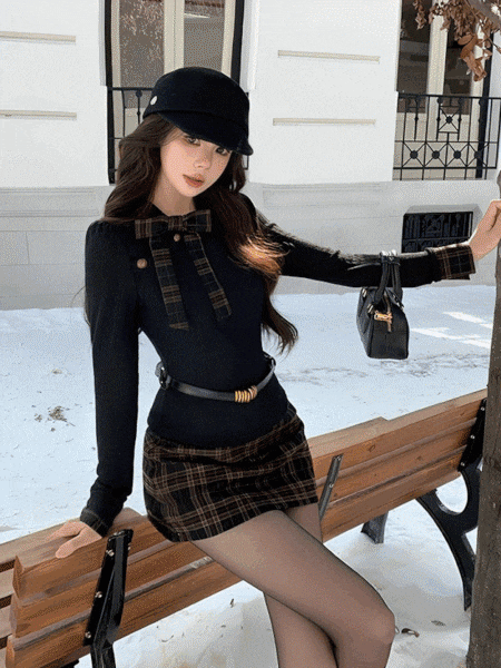 #大人可愛い|リボンチェックスリーブニットトップス+チェックデザインスカートセットアップ|WAHJU