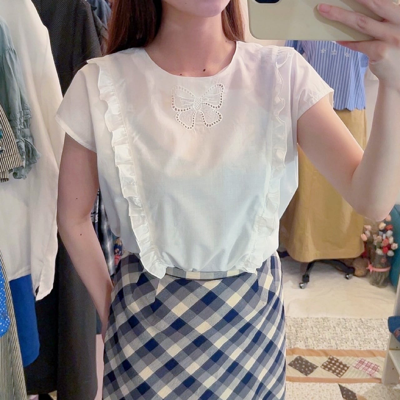 ribbon embroidery frill white blouse