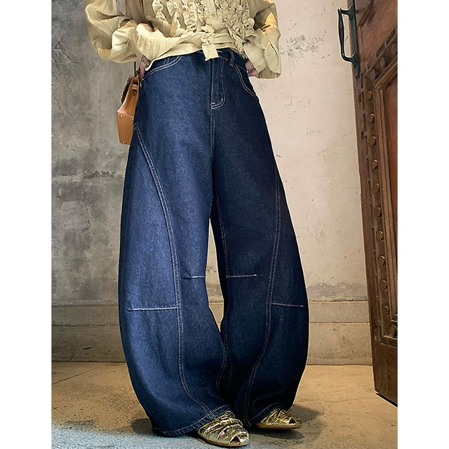 カーブステッチインディゴデニムパンツ［S-XL］