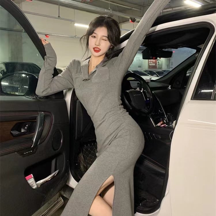 【新作】【送料無料】 2022 秋冬ウエストスリムフィットフード付きプリーツスリットドレス長袖ヒップカバーボトリングスカート 0249544534695