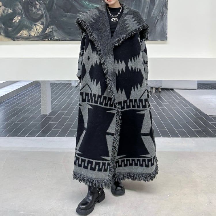 フード付き ロング丈 フリンジ ニットコート R30187