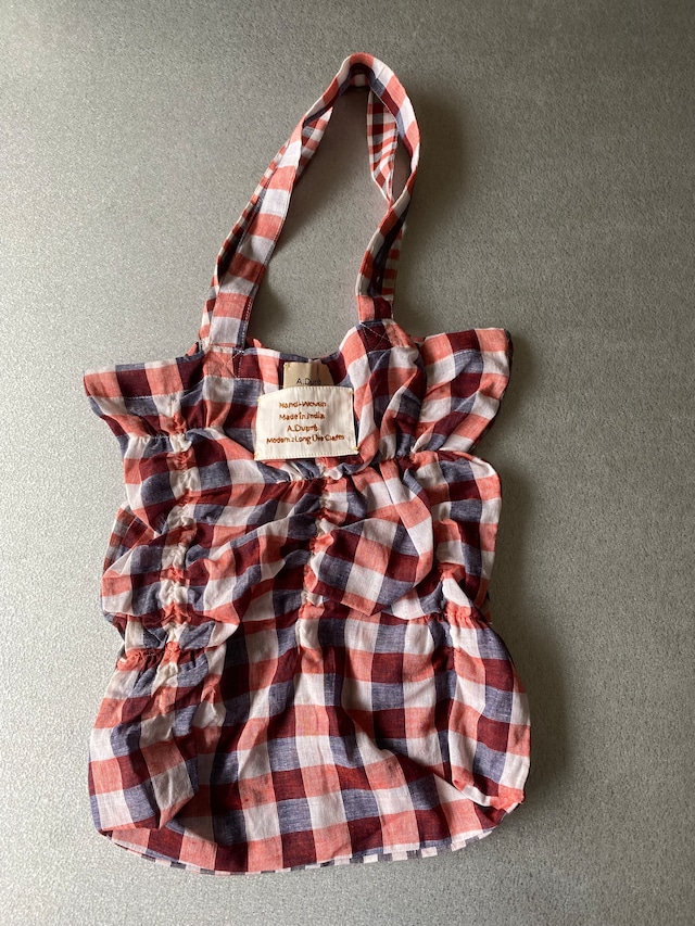 Shirring tote bag "red check" khadi cotton