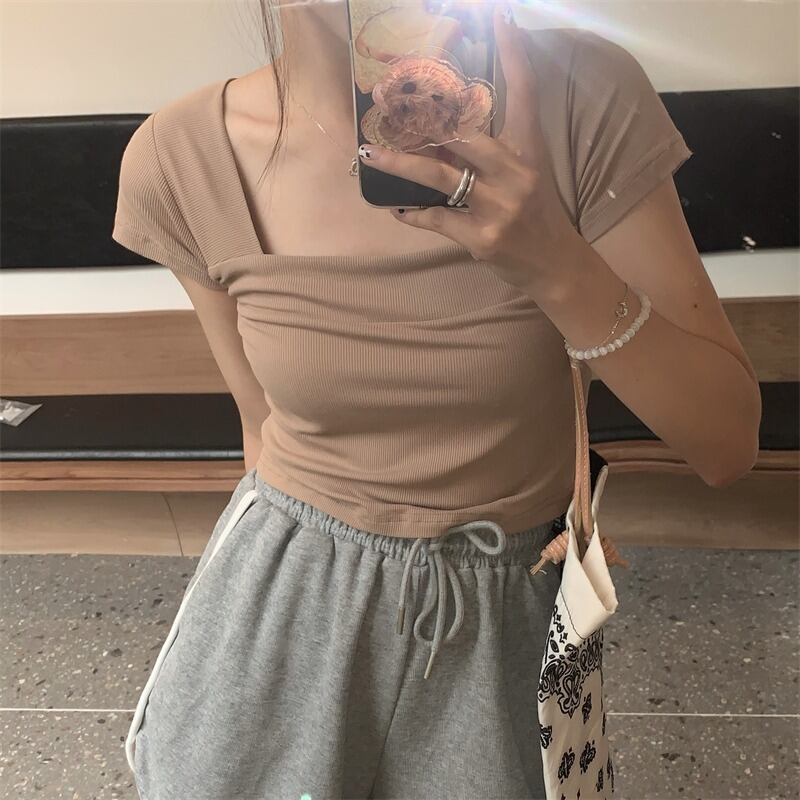 ショートTシャツ サマー薄手セーター ハイウェストウェストトップス 大人ガーリー スウィート キュート カジュアル 夏物 スクウェア 1号婦人10584310292