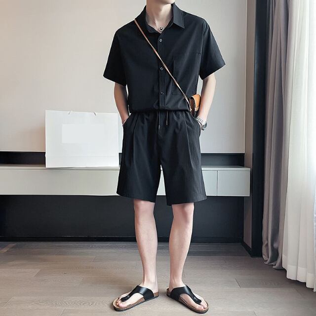 【予約販売】メンズ セットアップ 上下 ハーフパンツ 半袖 無地 ポケット ミリタリー カーキ ブラック カジュアル 春夏 M/L/XL/2XL/3XL