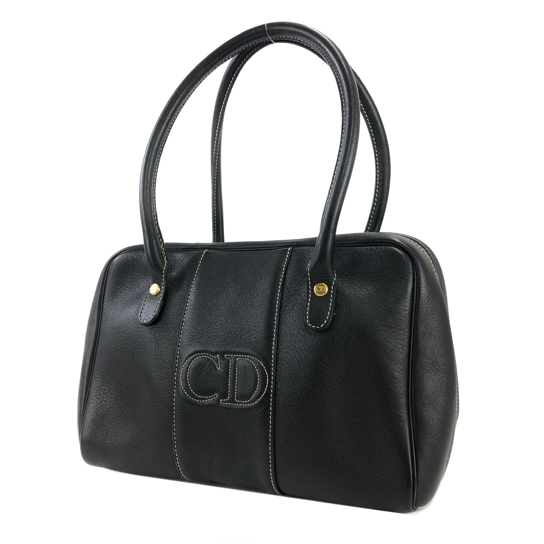 オールド　ディオール　ミニボストン　CDステッチ　ハンドバッグ　ブラック　レザー Christian Dior クリスチャン ディオール CDステッチ エンボスレザー