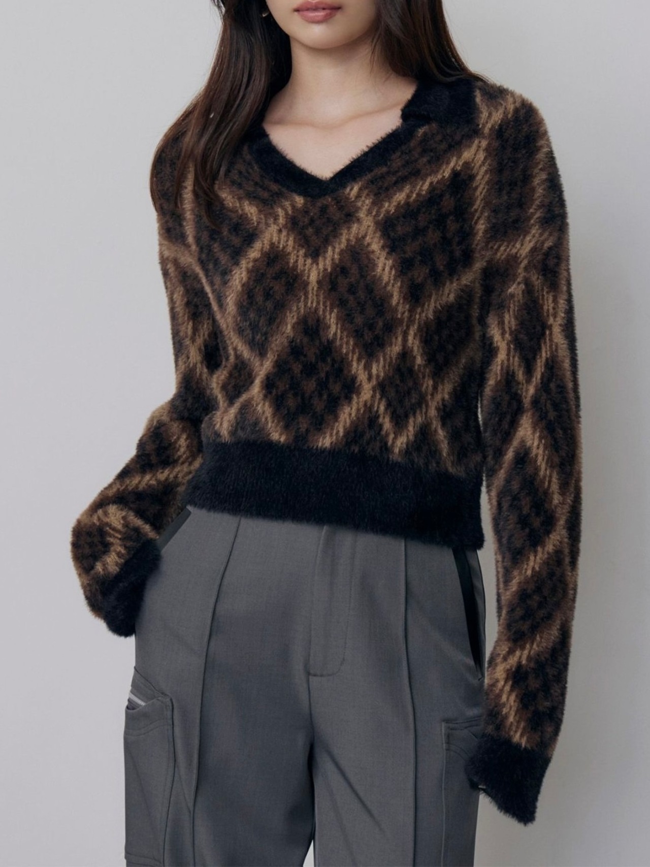 Shaggy Check Polo Knit / BLACK - 3