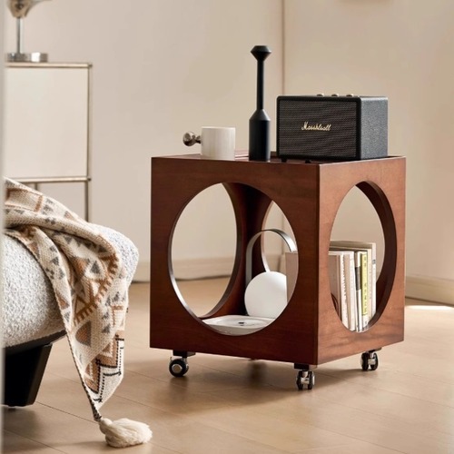 サイドテーブル キューブ型 円形収納 キャスター付き 移動式 北欧風 木製 モダン インテリア リビング ベッドサイド 多機能 おしゃれ