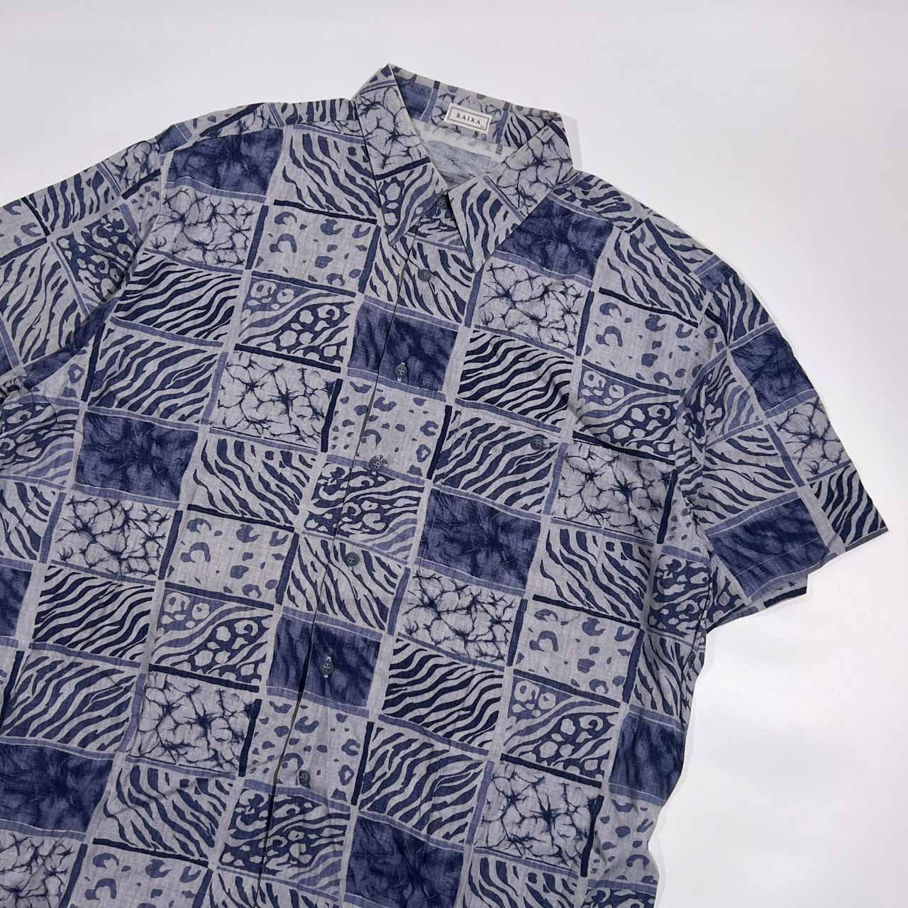 リネン混 RAIKA ライカ デザイン 半袖 シャツ LL/ブルー系 メンズ ビンテージ