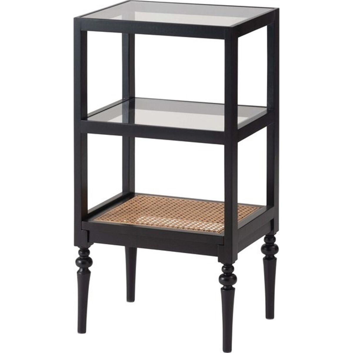オープンシェルフ 収納 棚 シェルフ オープン収納 3段 三段 見せる収納 魅せる収納 木製 天然木 ミンディ ラタン 籐 幅40cm 高さ75cm ガラス クリア 透明 ターンドレッグ ろくろ脚 シック クラシック モダン ブラック ナチュラル 黒 リビング ショップ 店舗 カフェ
