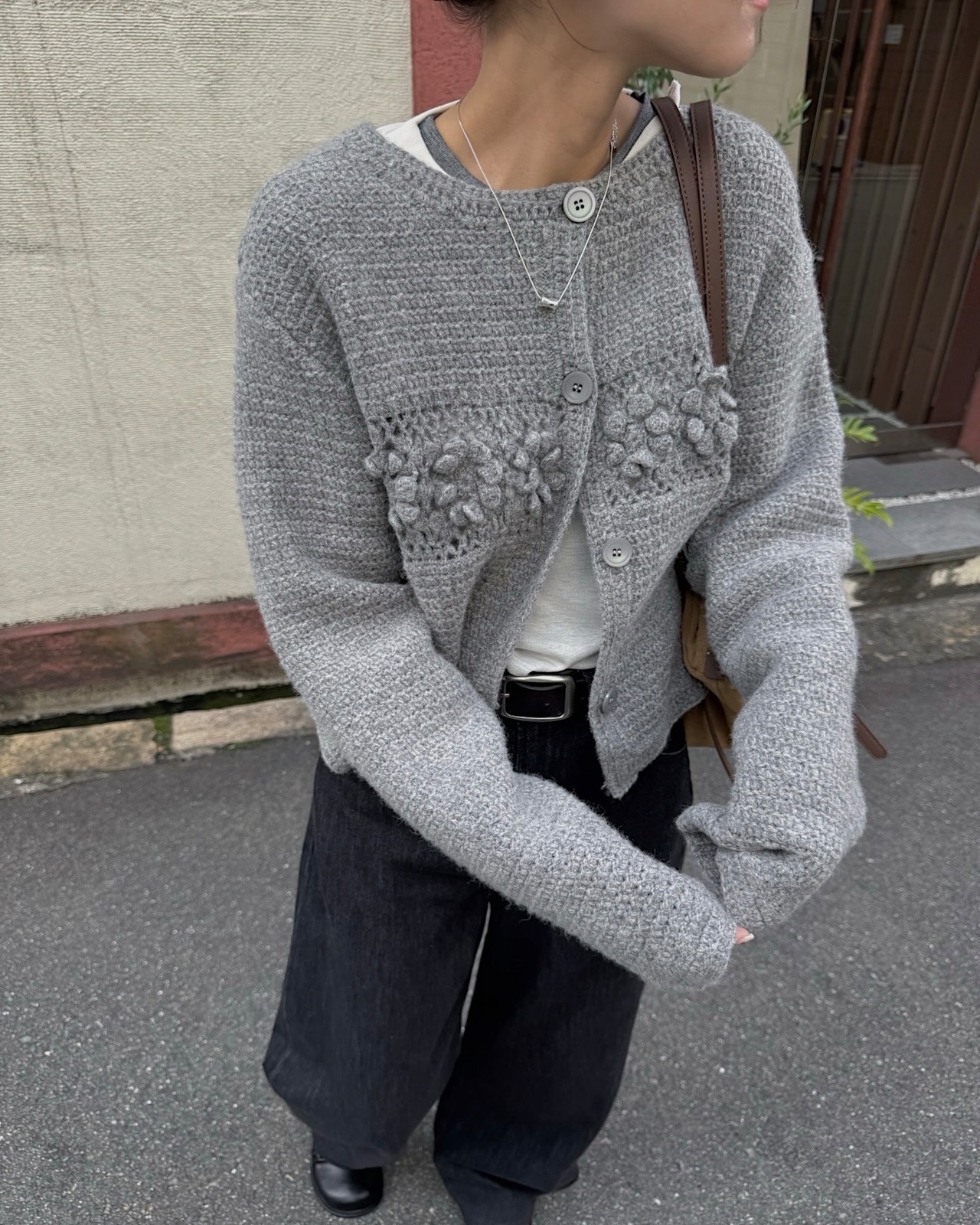 "gray" "black" flower motif hand wool knit