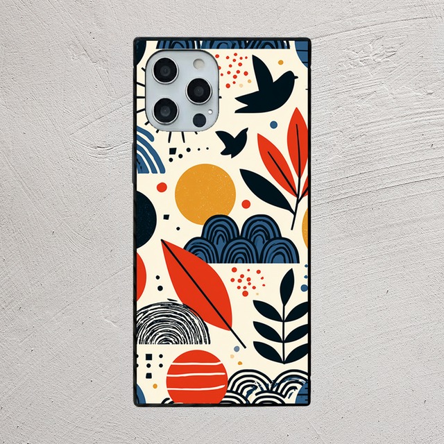 受注生産 iPhoneケース 花と波の民芸風景柄｜フォークアート FMSY108A