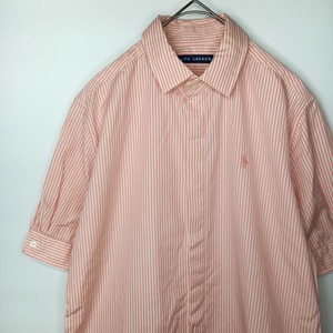 ラルフローレン　比翼ボタンシャツ　半袖　刺繍ロゴ　ストライプ